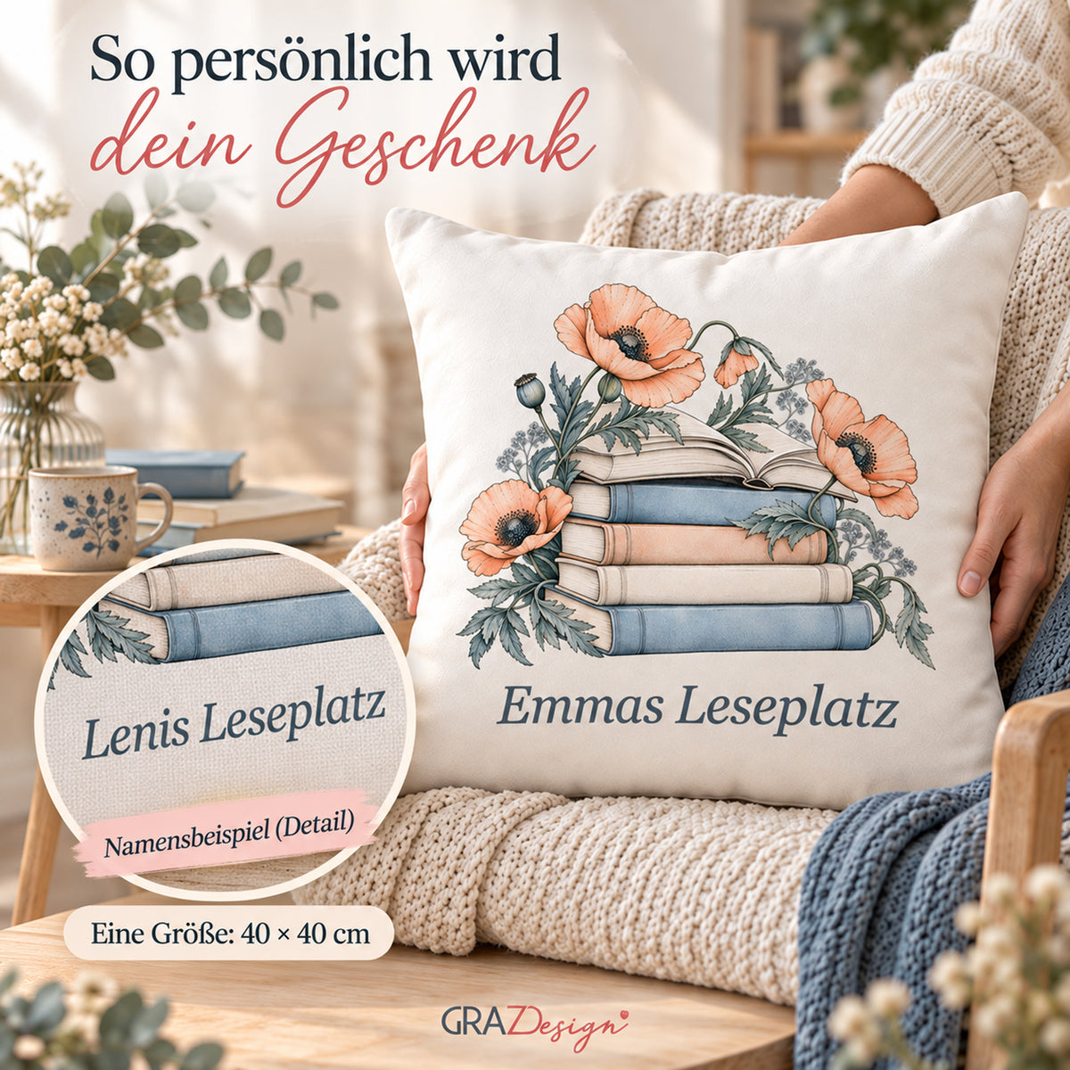 Kissenbezug 40 × 40 cm mit Wunschname – Feine Linienkunst, Ansicht 5
