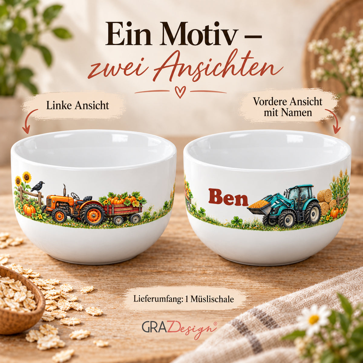 Personalisierte Müslischale Traktor – Ernteabenteuer – Ansicht 6