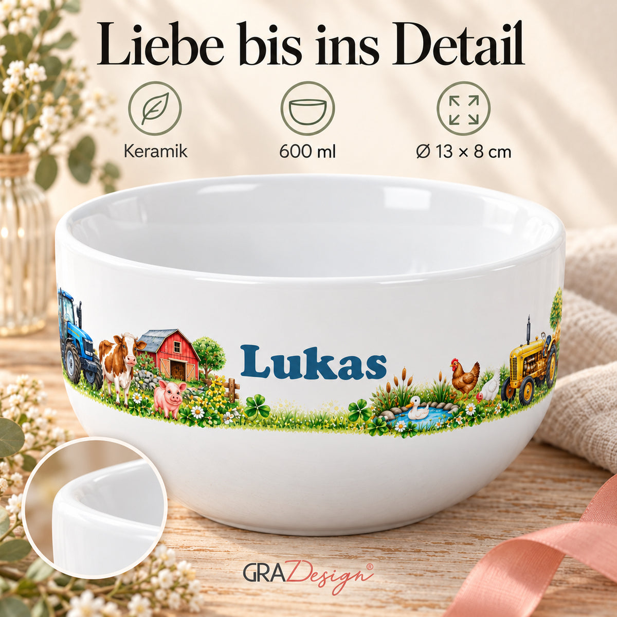 Personalisierte Müslischale Traktor – Tierische Hofrunde – Ansicht 4