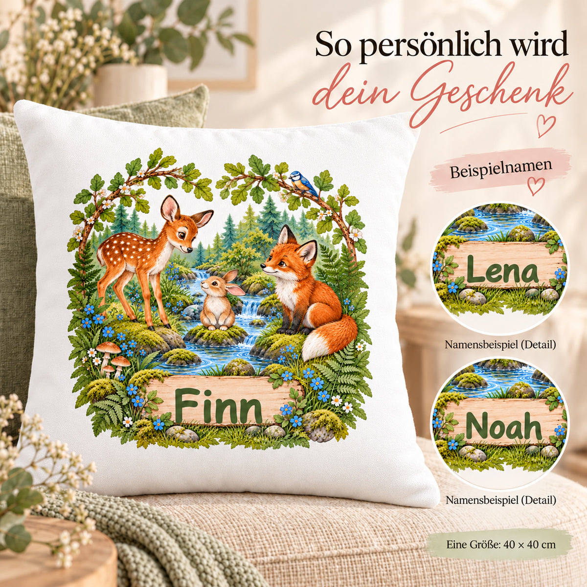 Ein Waldtier-Kissen mit Namensbeispiel Finn und zwei beschrifteten Namensdetailkreisen Lena und Noah; eine Größe 40 × 40 cm.