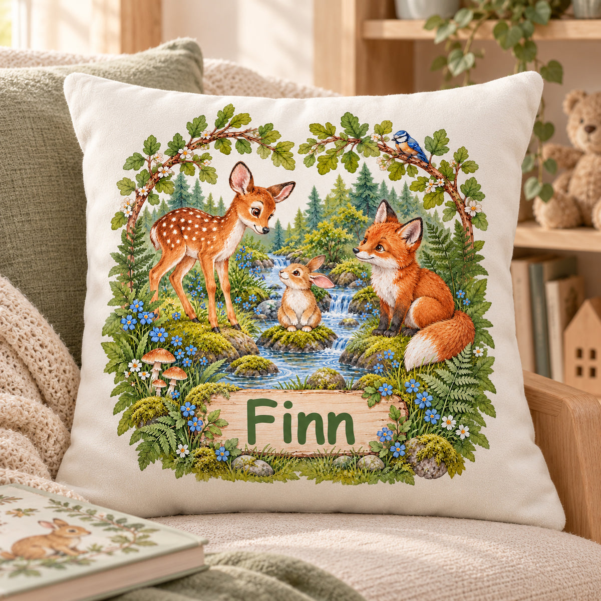 Waldtier-Kissenbezug „Entdeckung am Waldbach“ mit Namensbeispiel Finn in einer Leseecke.