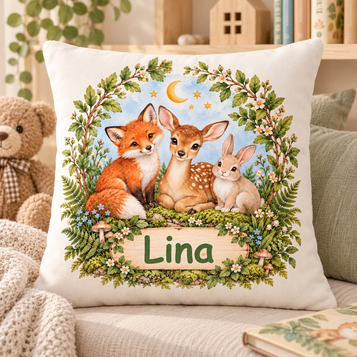 Waldtier-Kissenbezug „Sternenabend im Wald“ mit Namensbeispiel Lina in einer Leseecke.
