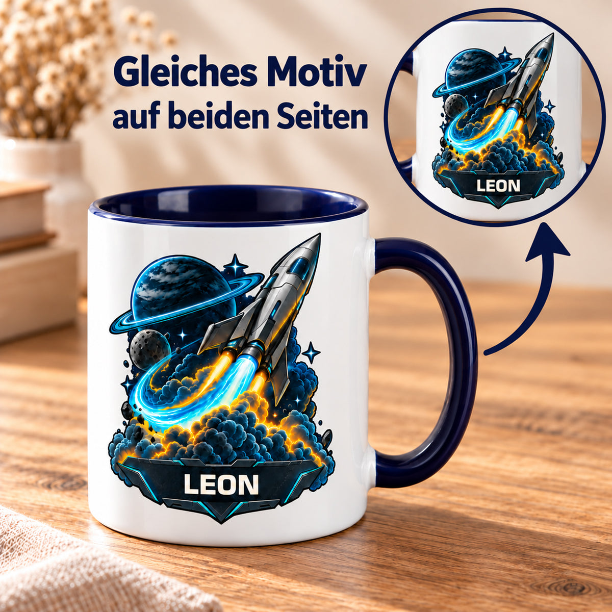 Tasse Neonstart mit LEON, Pfeil und Detailansicht: gleiches Motiv auf beiden Seiten