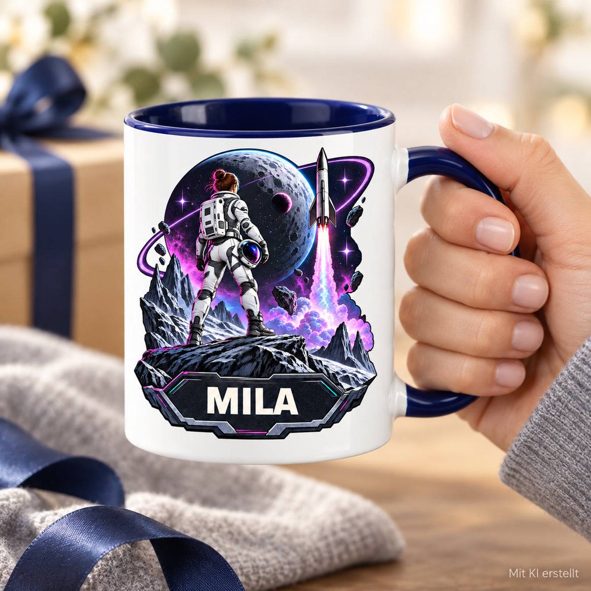 Tasse Mondmission in einer Hand, Beispielname MILA, mit KI erstellt