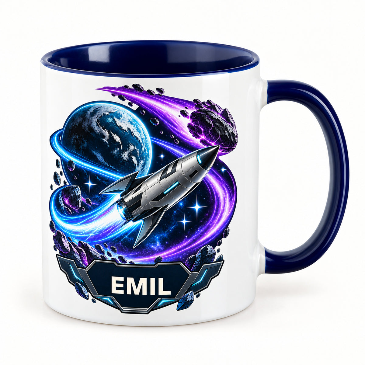 Personalisierte Weltall-Tasse Kometenflug mit Beispielname EMIL und dunkelblauem Henkel