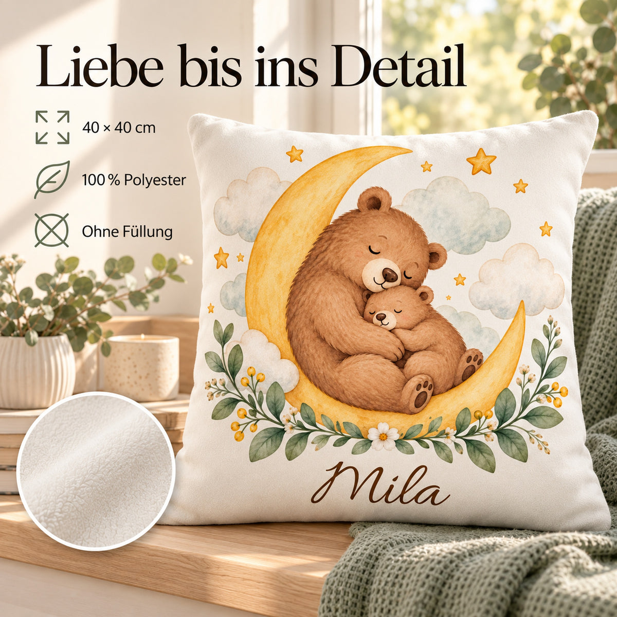Bärenkuscheln: personalisierter Kissenbezug mit Bär, Mond und Beispielname Mila – Produktdetails