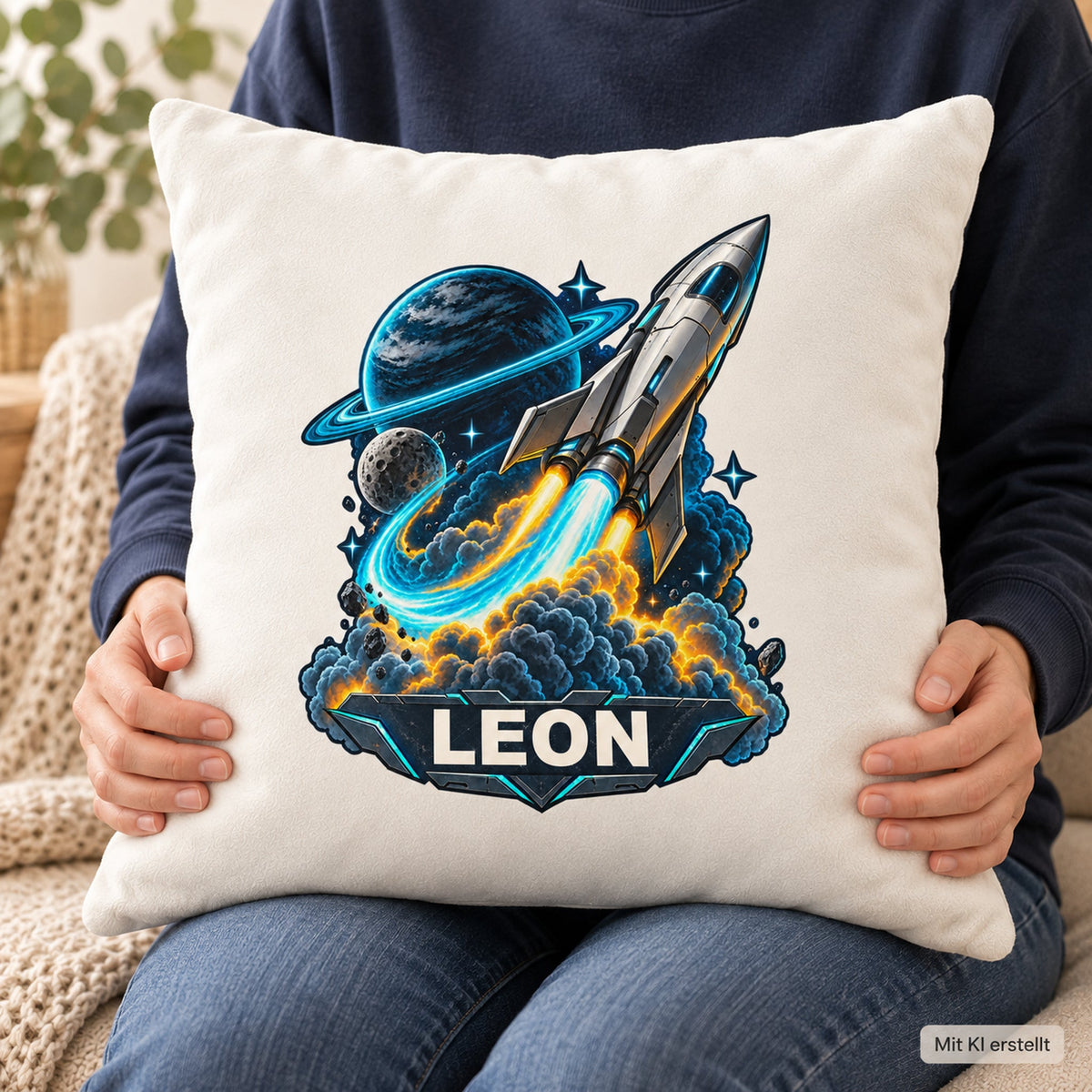 Nutzungsszene: personalisierter Dekokissenbezug Neonstart mit Rakete und Ringplanet und Beispielname LEON; 40 × 40 cm.