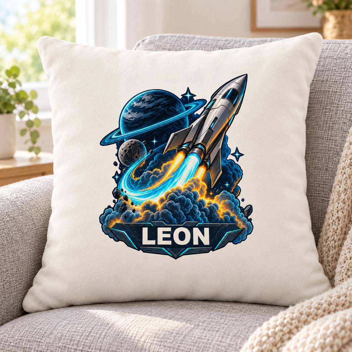 Motivansicht: personalisierter Dekokissenbezug Neonstart mit Rakete und Ringplanet und Beispielname LEON; 40 × 40 cm.