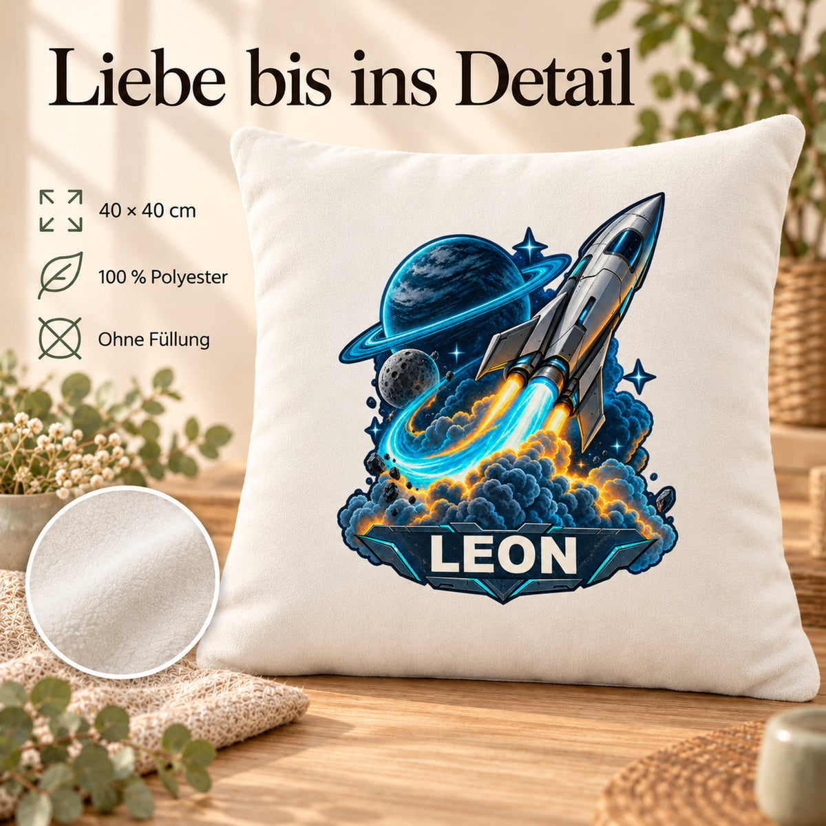 Produktdetails: personalisierter Dekokissenbezug Neonstart mit Rakete und Ringplanet und Beispielname LEON; 40 × 40 cm.