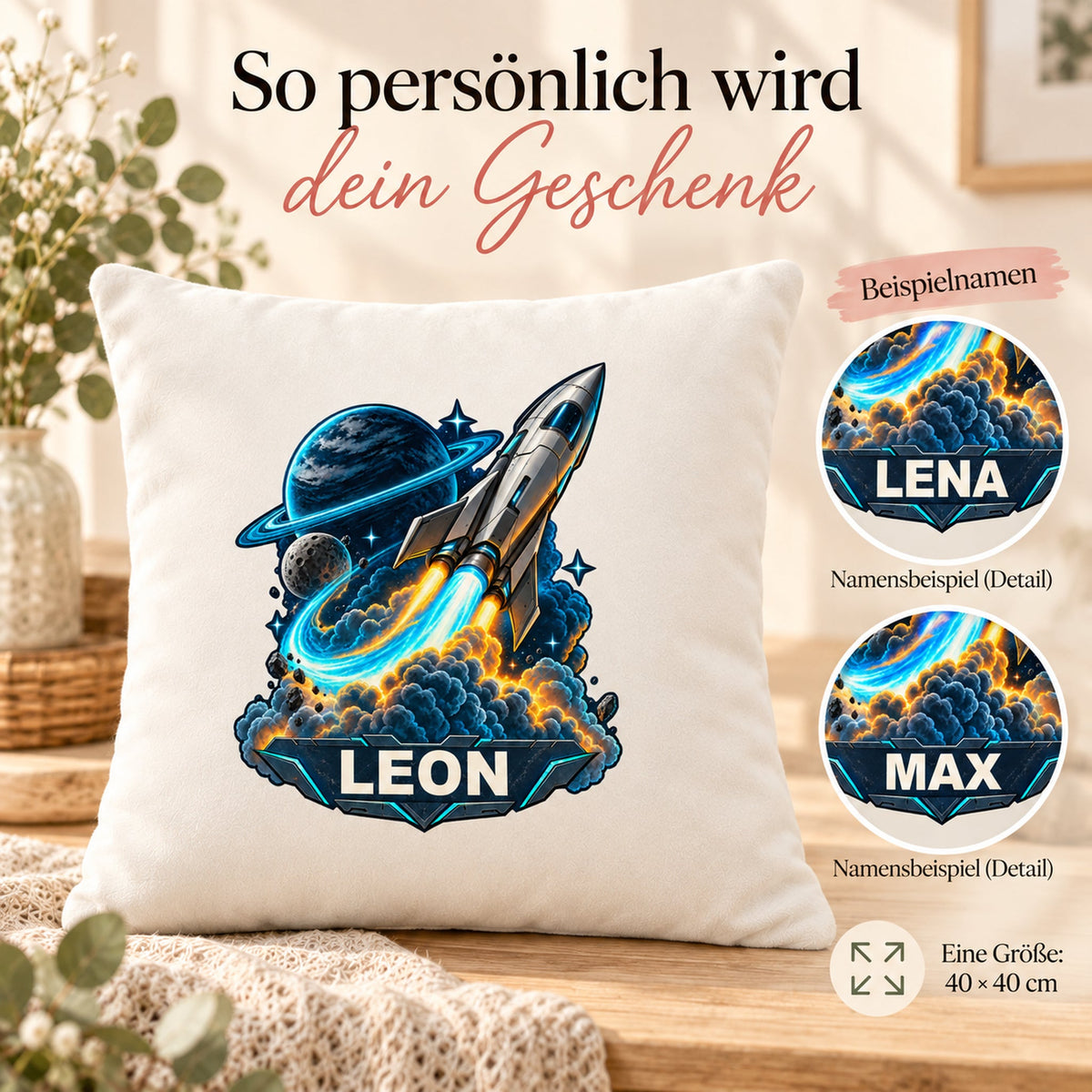 Personalisierung: personalisierter Dekokissenbezug Neonstart mit Rakete und Ringplanet und Beispielname LEON; 40 × 40 cm.