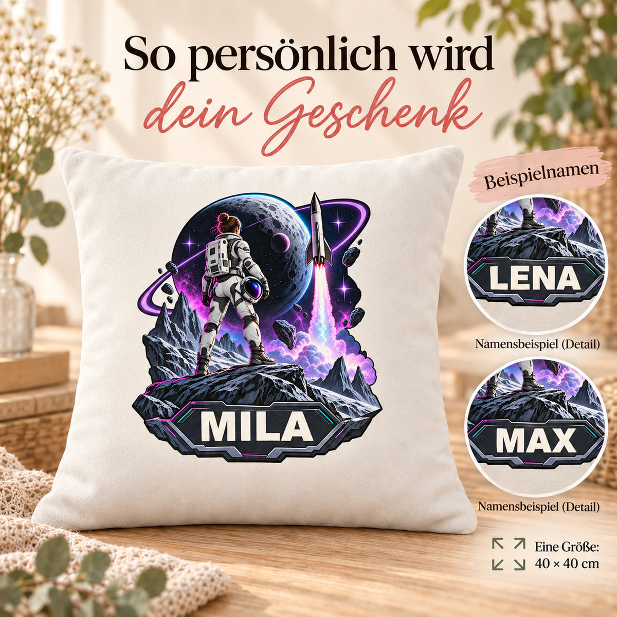 Personalisierung: personalisierter Dekokissenbezug Mondmission mit Astronautin und Mond und Beispielname MILA; 40 × 40 cm.