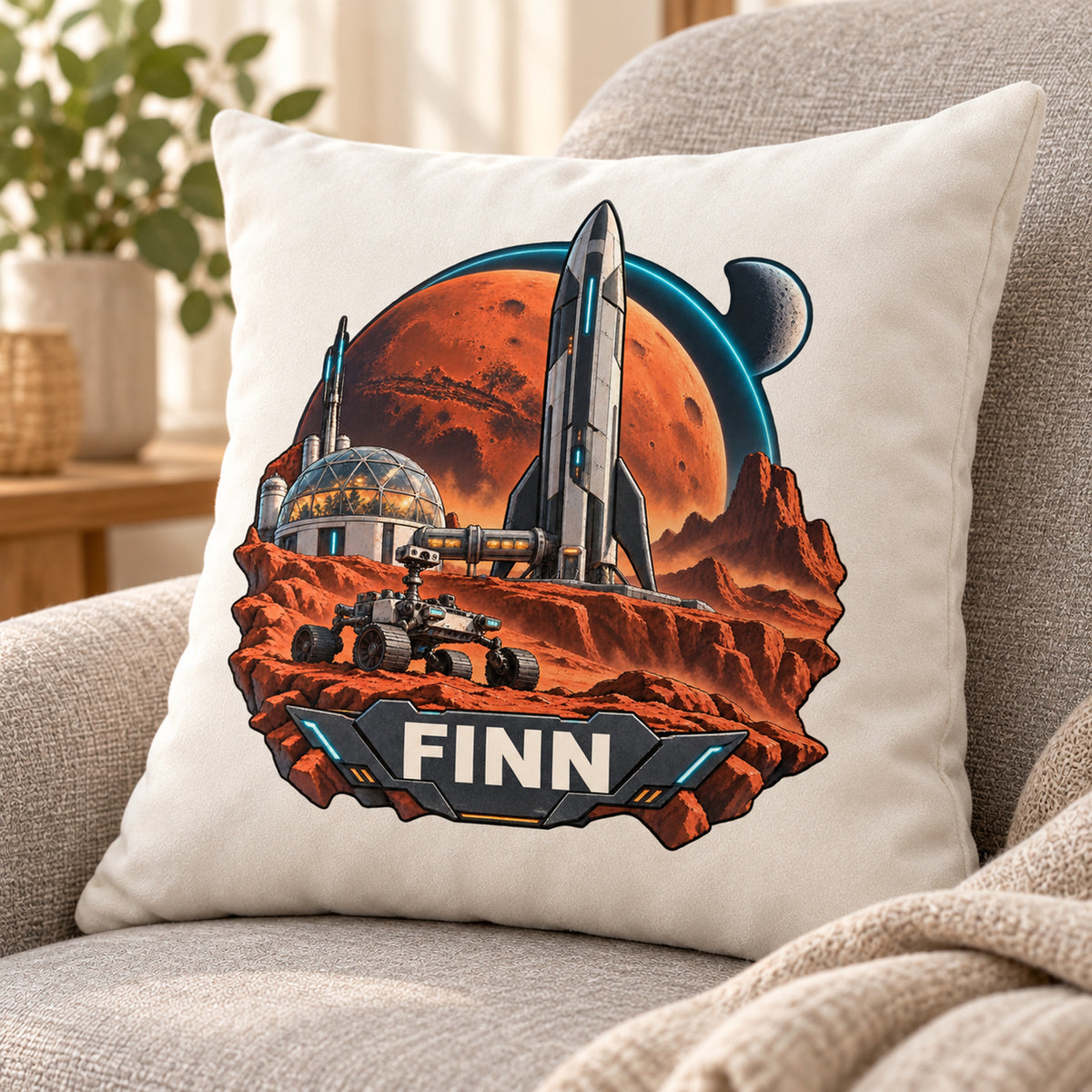 Schrägansicht: personalisierter Dekokissenbezug Marsbasis mit Marsbasis und Rakete und Beispielname FINN; 40 × 40 cm.