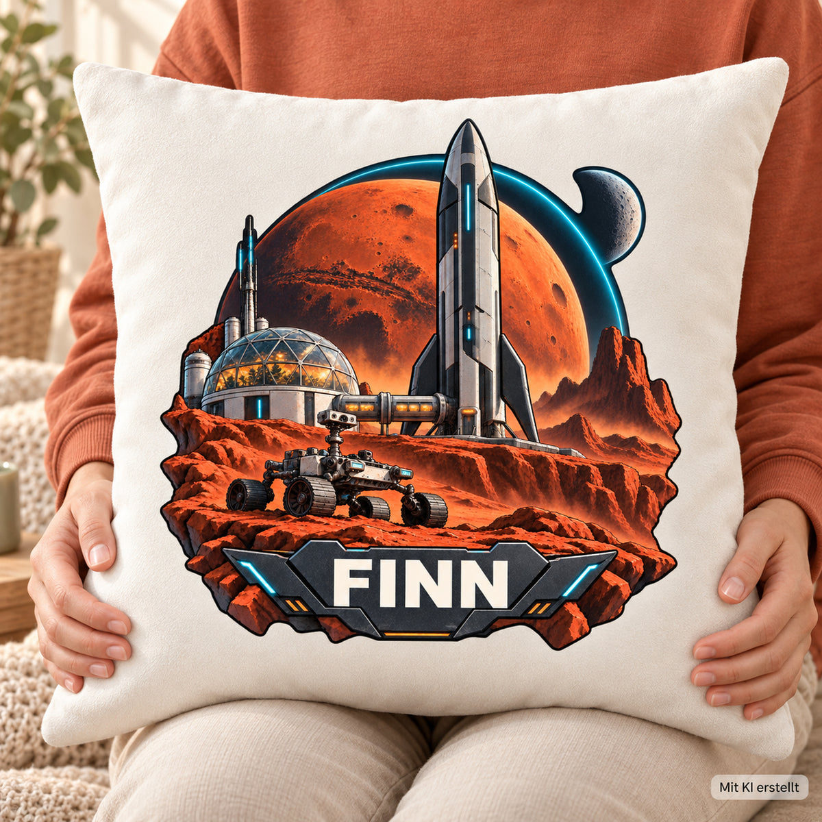 Nutzungsszene: personalisierter Dekokissenbezug Marsbasis mit Marsbasis und Rakete und Beispielname FINN; 40 × 40 cm.