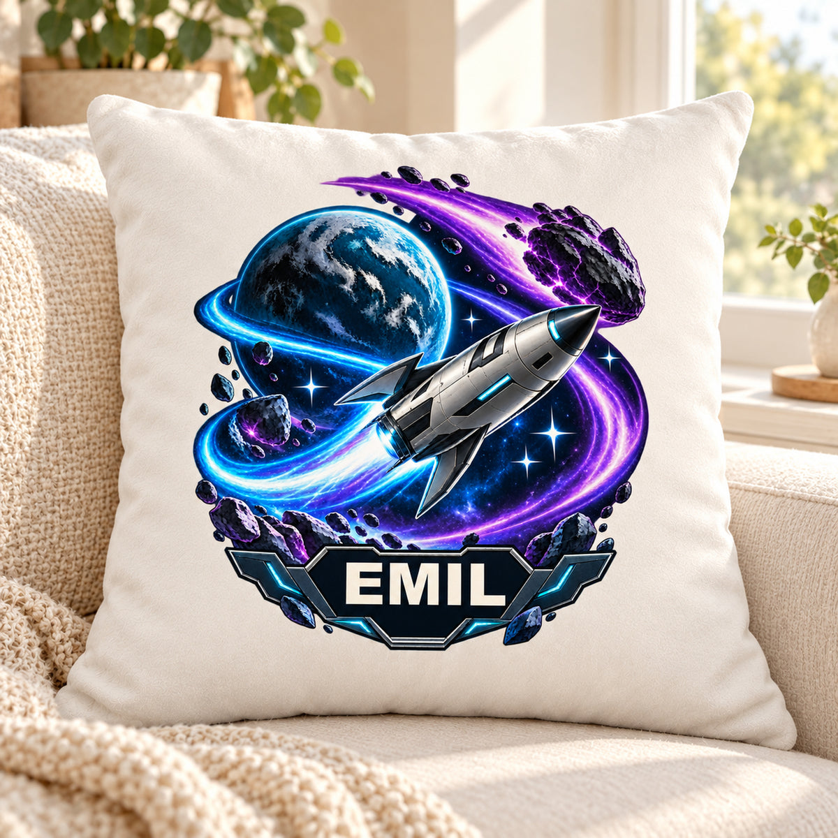 Motivansicht: personalisierter Dekokissenbezug Kometenflug mit Rakete und Komet und Beispielname EMIL; 40 × 40 cm.