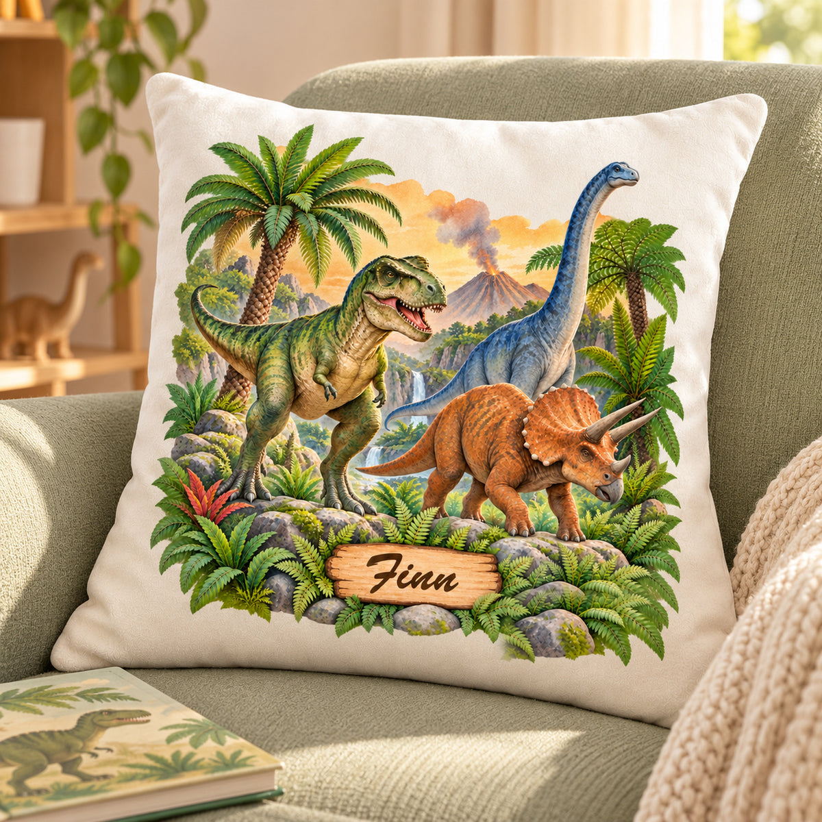 Dinosaurier-Kissenbezug Vulkantal, 40 × 40 cm, mit Beispielname Finn – Wohnszene.