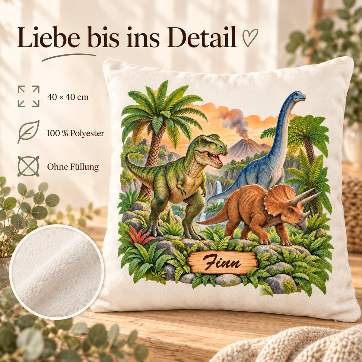 Dinosaurier-Kissenbezug Vulkantal, 40 × 40 cm, mit Beispielname Finn – Eigenschaften.