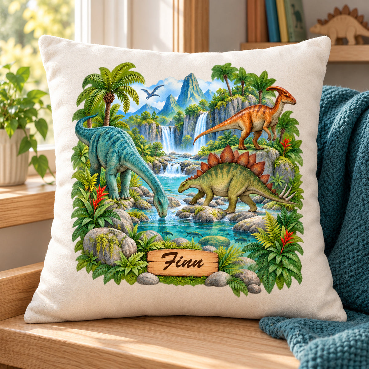 Dinosaurier-Kissenbezug Fluss-Expedition, 40 × 40 cm, mit Beispielname Finn – Wohnszene.