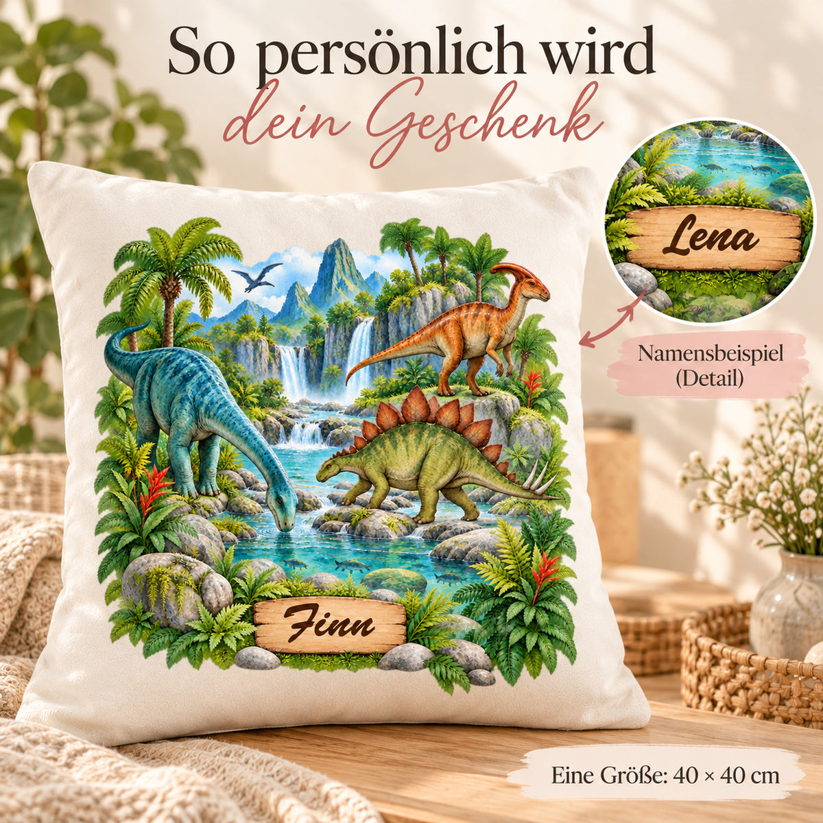 Personalisierter Dinosaurier-Kissenbezug Fluss-Expedition: Finn auf dem Kissen, Lena als Namensbeispiel im Detailkreis. Eine Größe: 40 × 40 cm.