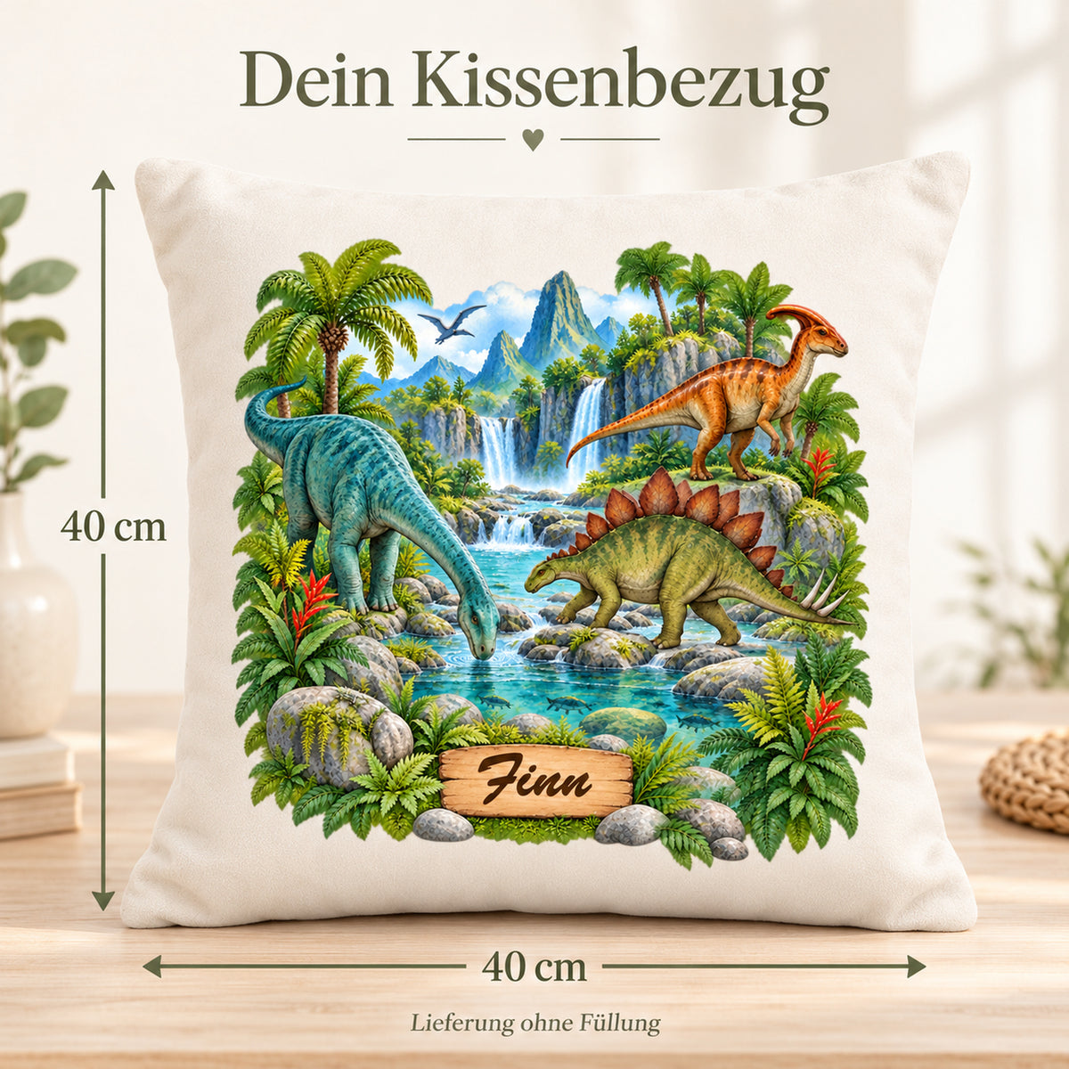 Dinosaurier-Kissenbezug Fluss-Expedition, 40 × 40 cm, mit Beispielname Finn – Abmessungen.