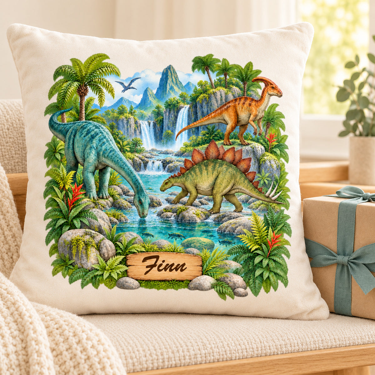 Dinosaurier-Kissenbezug Fluss-Expedition, 40 × 40 cm, mit Beispielname Finn – Geschenk.