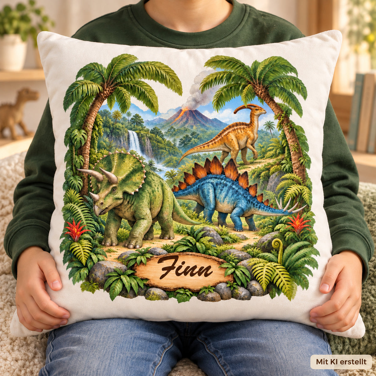 Dinosaurier-Kissenbezug Urwaldpfad, 40 × 40 cm, mit Beispielname Finn – Nutzung.