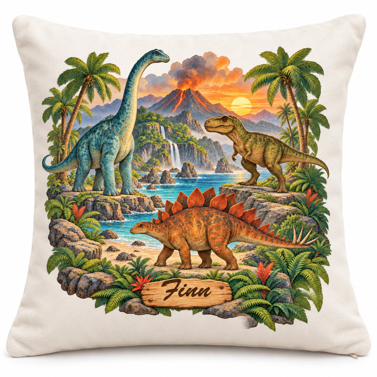 Dinosaurier-Kissenbezug Vulkaninsel, 40 × 40 cm, mit Beispielname Finn – Hauptbild.