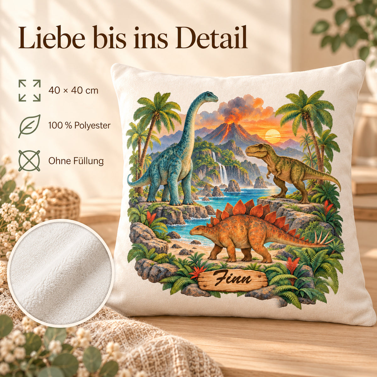 Dinosaurier-Kissenbezug Vulkaninsel, 40 × 40 cm, mit Beispielname Finn – Eigenschaften.