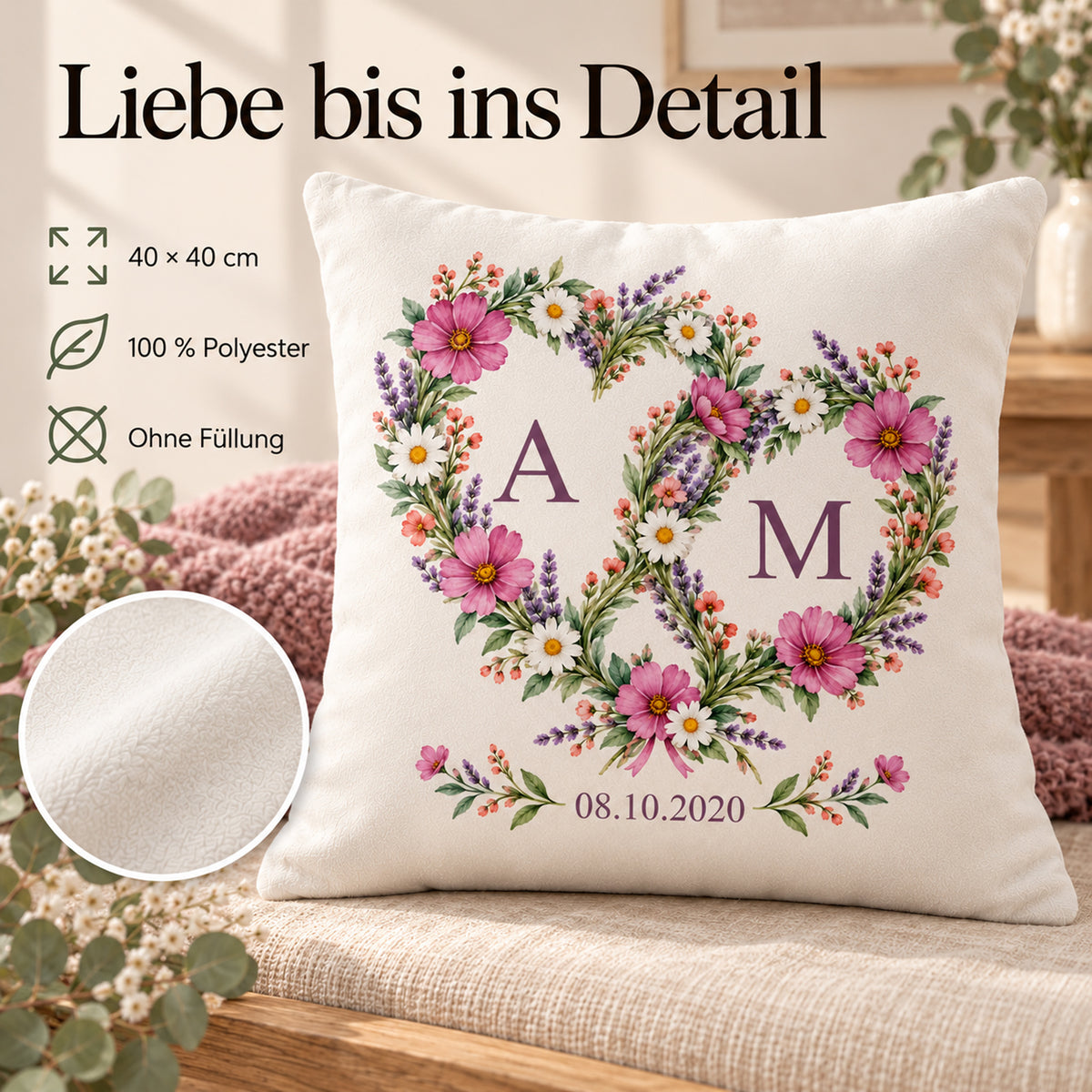 Wildblumenliebe: personalisierter Kissenbezug mit Paarinitialen A und M und Beispieldatum 08.10.2020 – Produktdetails