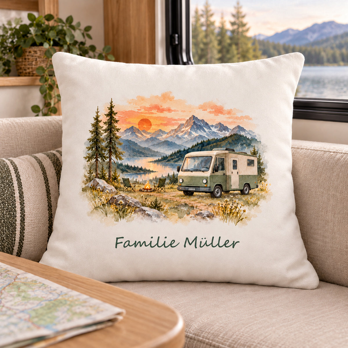 Wohnumgebung: personalisierter Wohnmobil-Kissenbezug Alpengluehen, 40 × 40 cm, Beispiel Familie Müller