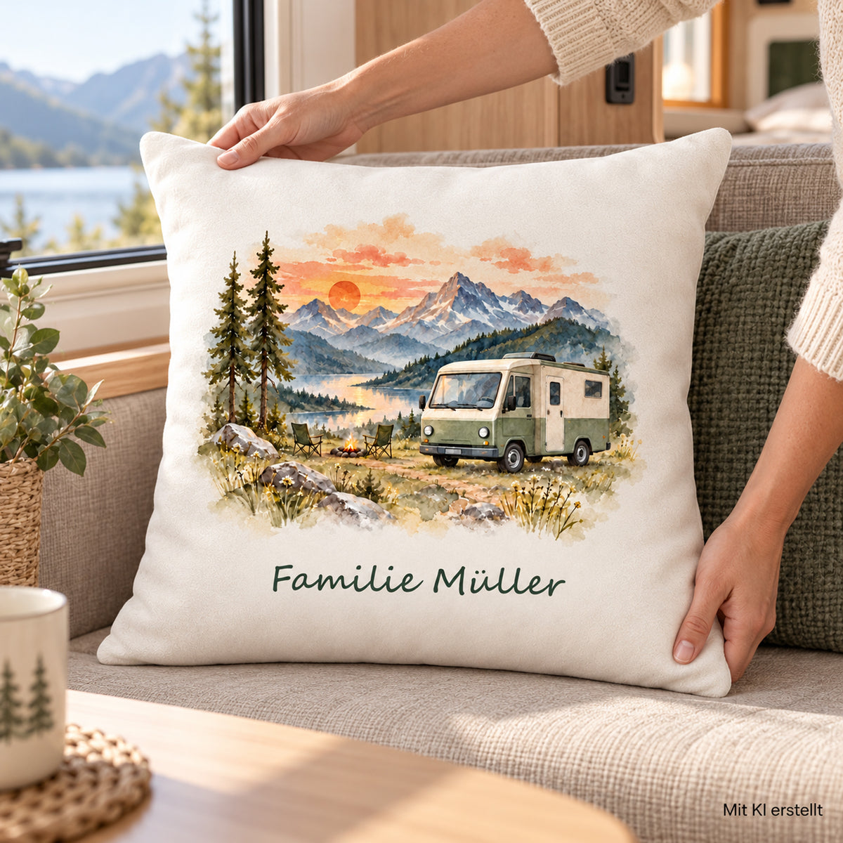 Nutzungsszene: personalisierter Wohnmobil-Kissenbezug Alpengluehen, 40 × 40 cm, Beispiel Familie Müller
