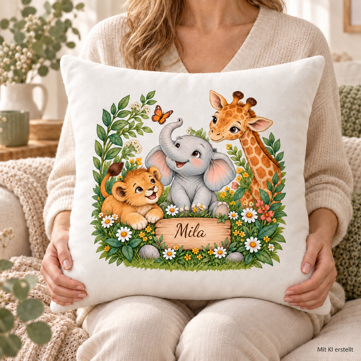 Tierfreunde auf der Blumenwiese: Nutzung mit Händen des personalisierten Safari-Kissenbezugs mit Beispielname Mila.
