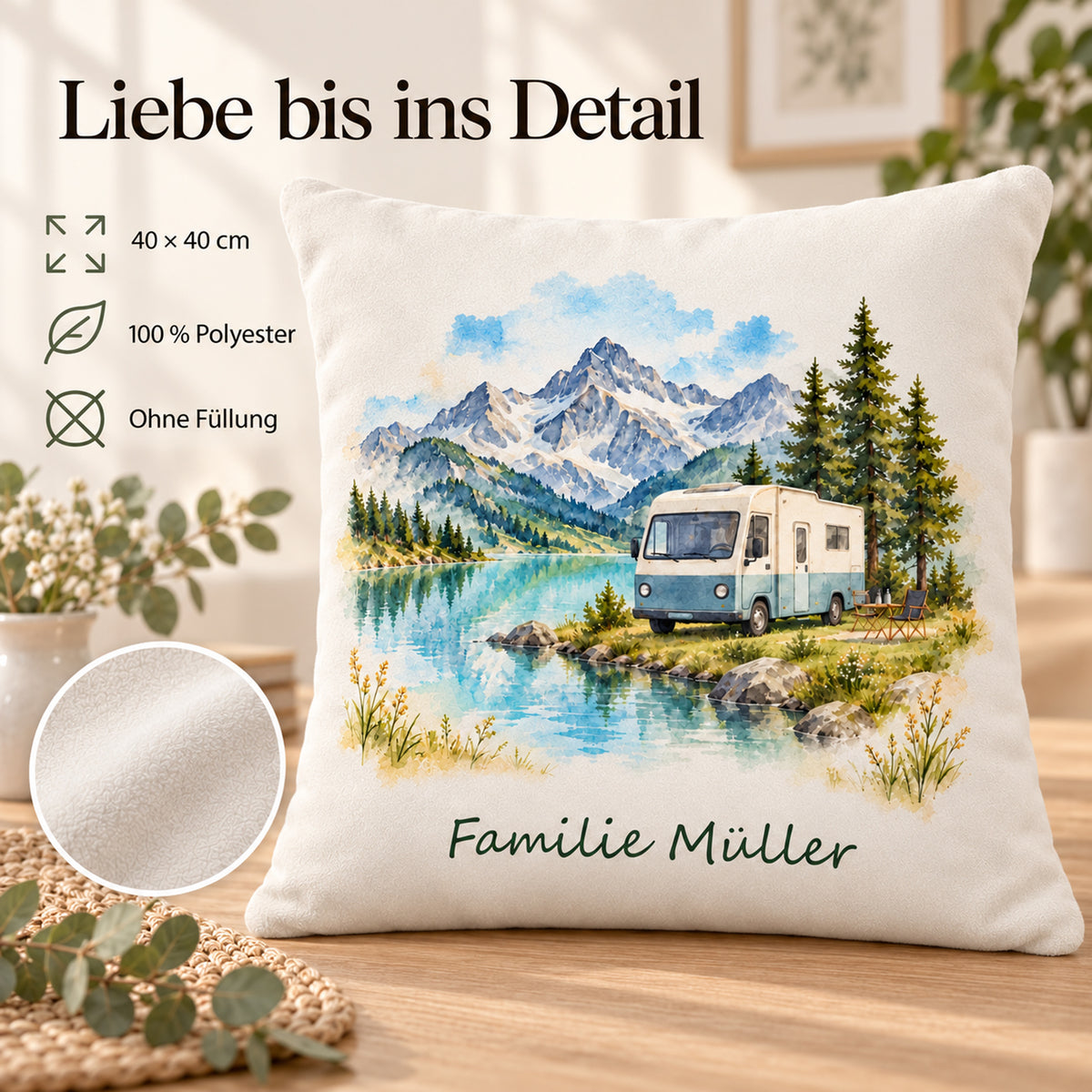 Eigenschaften: personalisierter Wohnmobil-Kissenbezug Bergsee, 40 × 40 cm, Beispiel Familie Müller