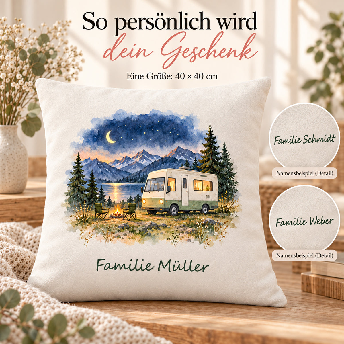 Personalisierung: personalisierter Wohnmobil-Kissenbezug Sternennacht, 40 × 40 cm, Beispiel Familie Müller