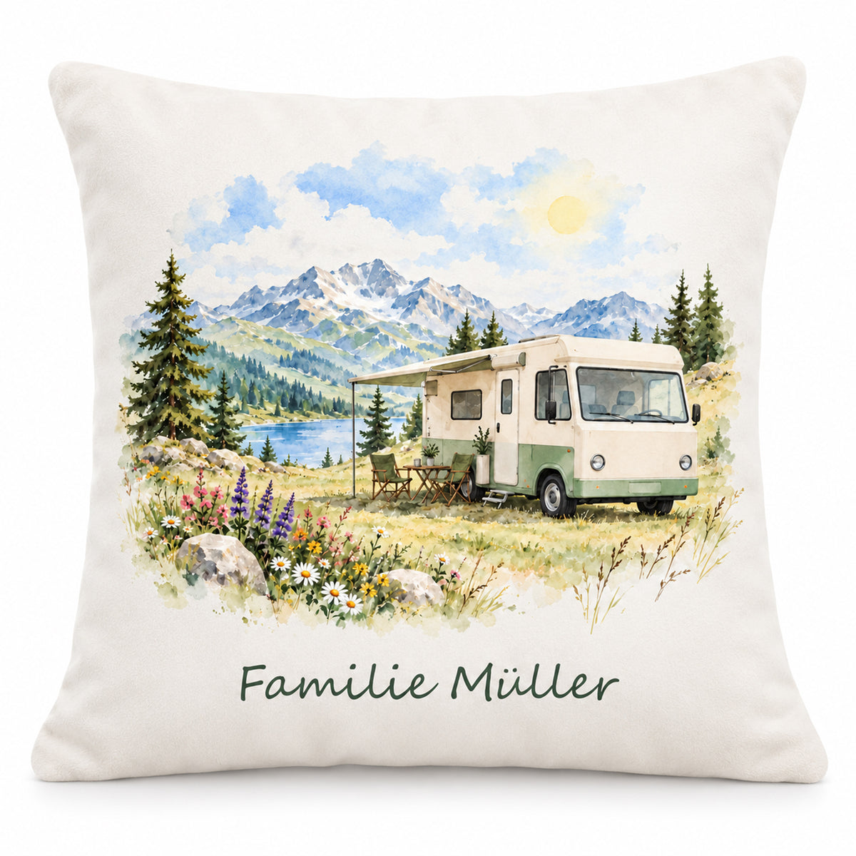 Hauptbild: personalisierter Wohnmobil-Kissenbezug Almwiese, 40 × 40 cm, Beispiel Familie Müller