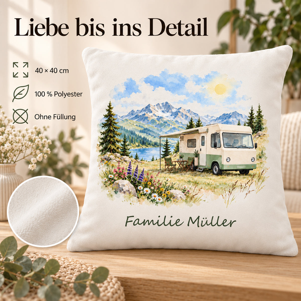 Eigenschaften: personalisierter Wohnmobil-Kissenbezug Almwiese, 40 × 40 cm, Beispiel Familie Müller