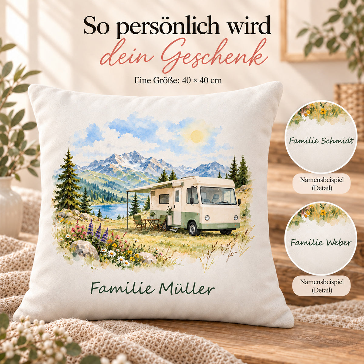 Personalisierung: personalisierter Wohnmobil-Kissenbezug Almwiese, 40 × 40 cm, Beispiel Familie Müller