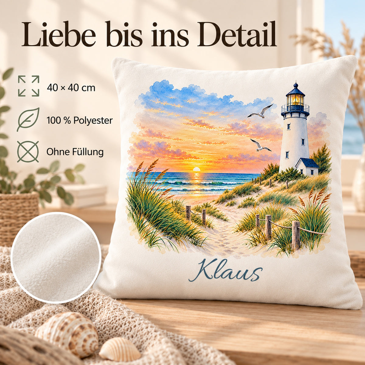 Abendhorizont: Kissenbezug mit Leuchtturm und Beispielname Klaus – Produktdetails