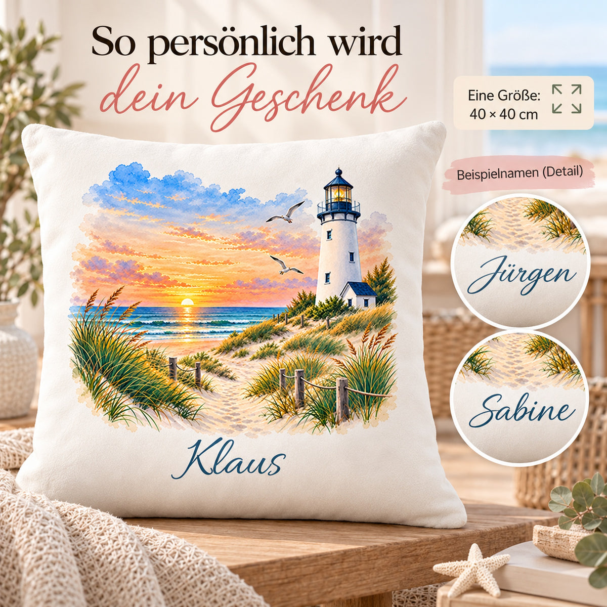 Abendhorizont: Kissenbezug mit Leuchtturm und Beispielname Klaus – Personalisierung