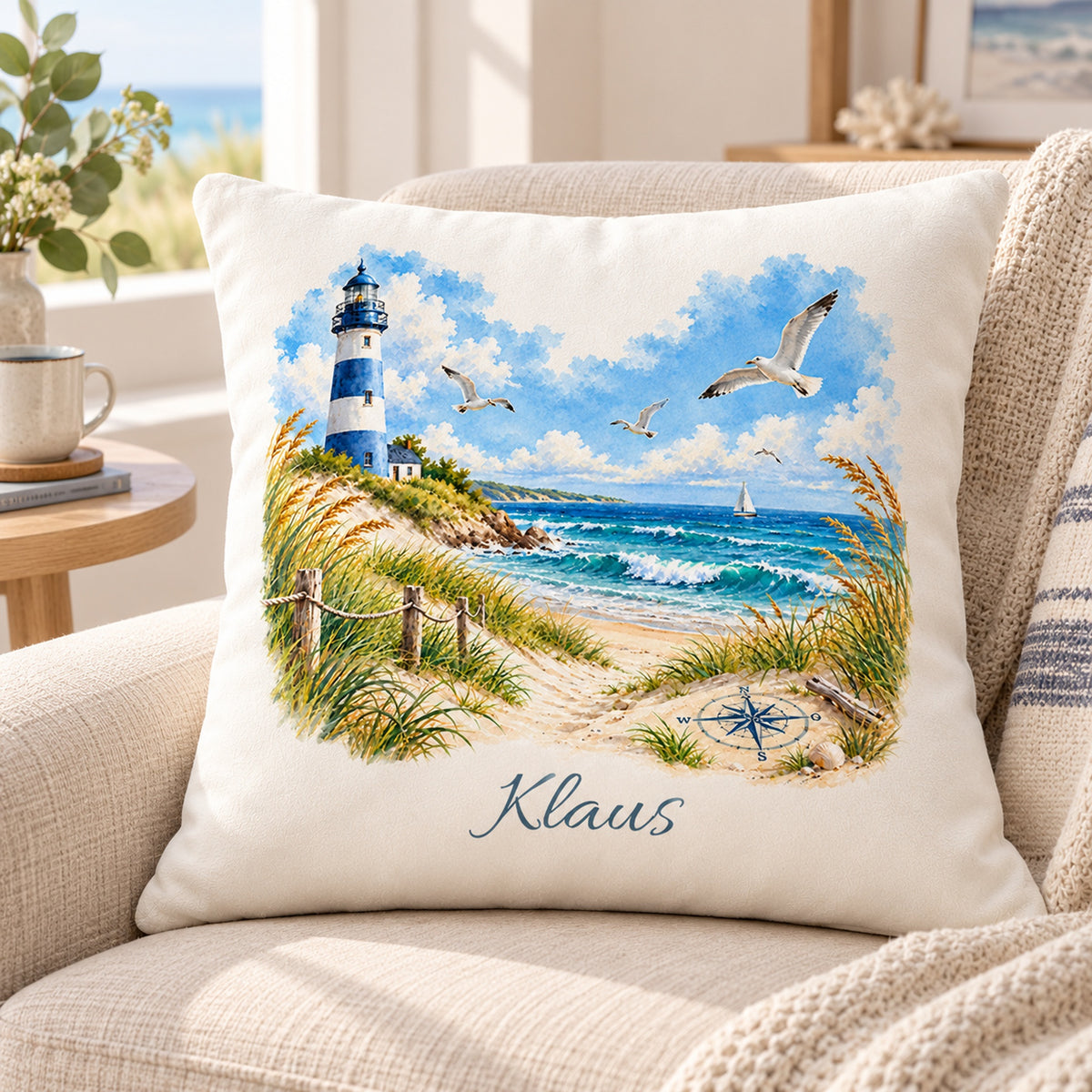 Kompass am Meer: Kissenbezug mit Leuchtturm und Beispielname Klaus – Leseecke