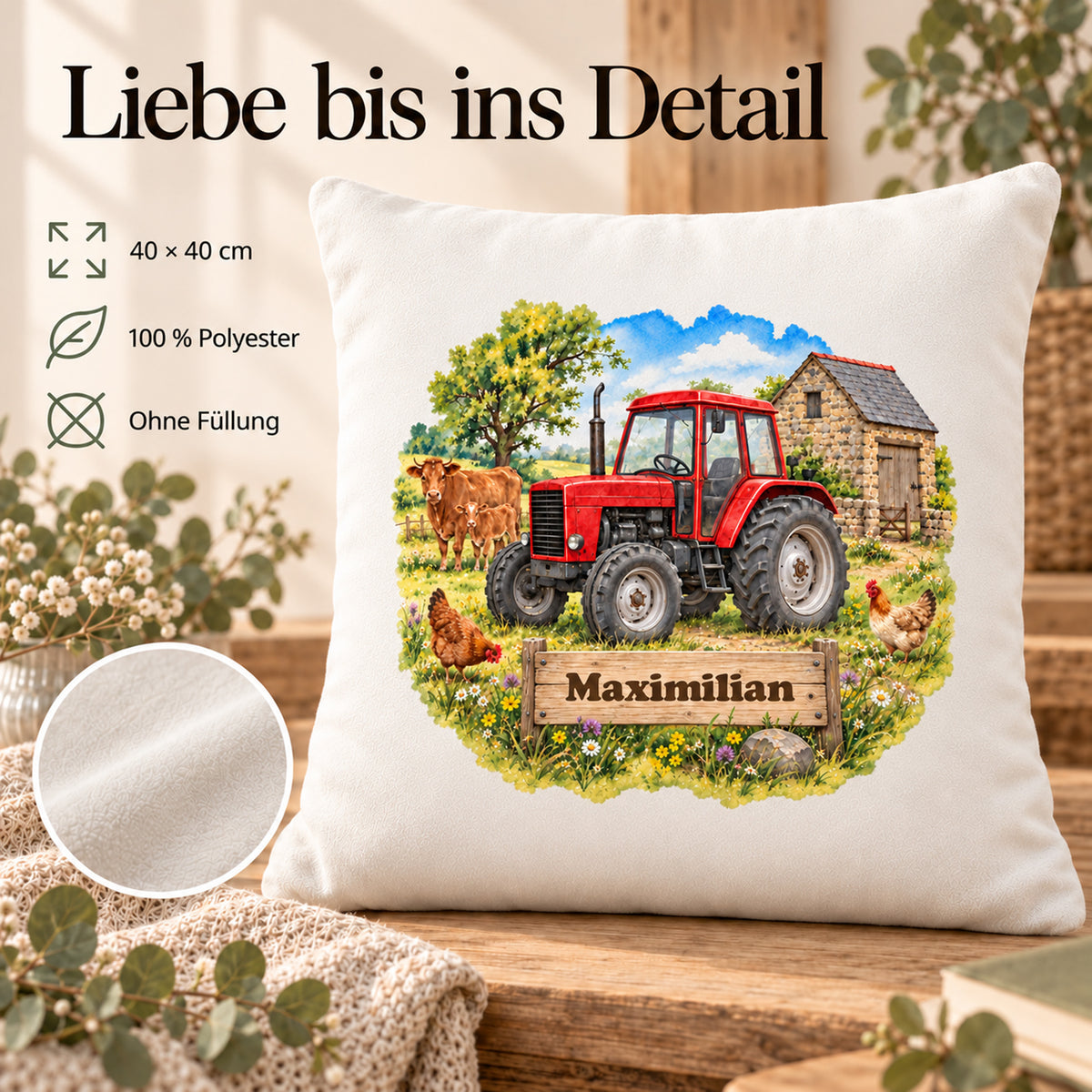 Eigenschaften: personalisierter Traktor-Kissenbezug Roter Traktor mit Kühen, 40 × 40 cm, Beispiel Maximilian