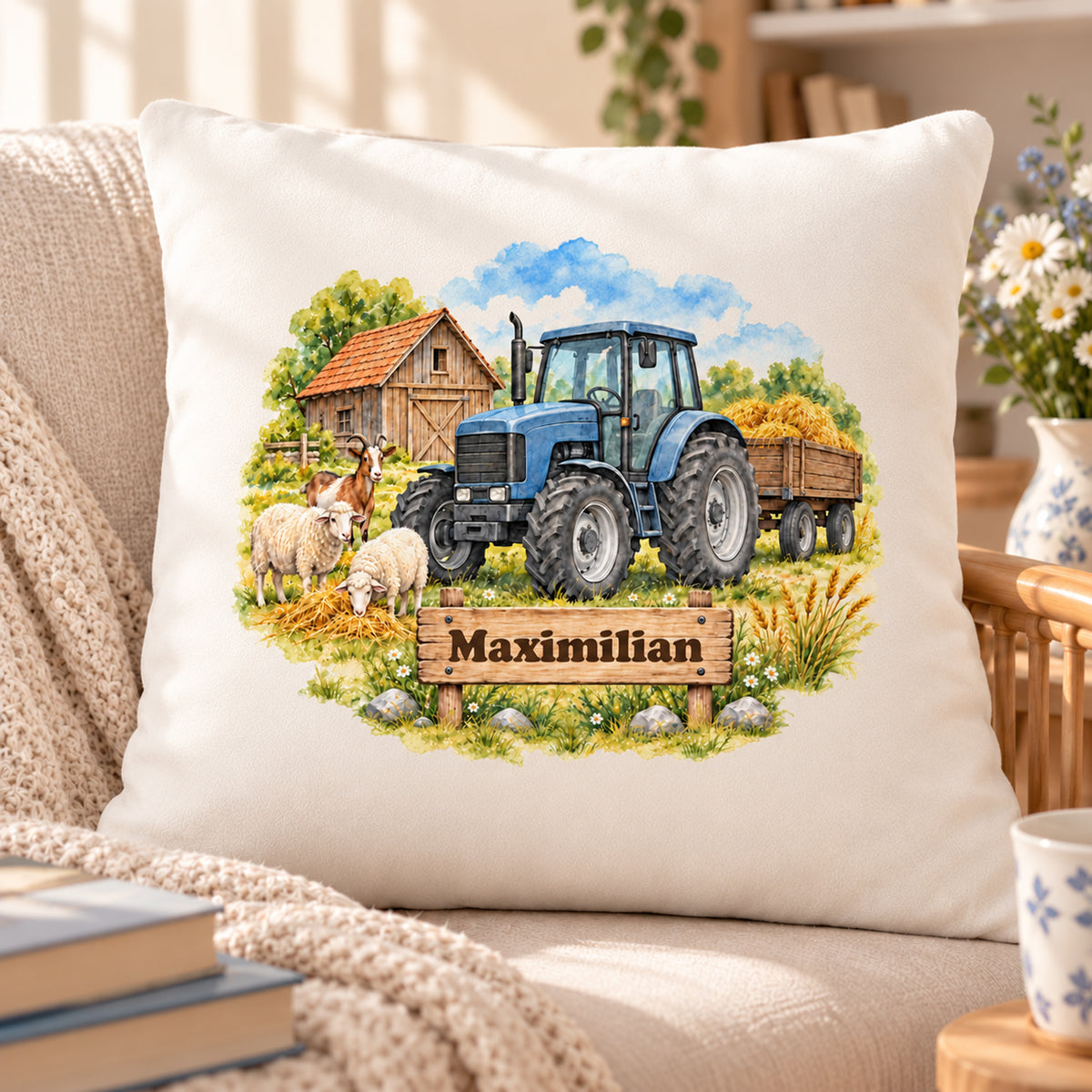 Lifestyle: personalisierter Traktor-Kissenbezug Blauer Traktor mit Heuwagen, 40 × 40 cm, Beispiel Maximilian