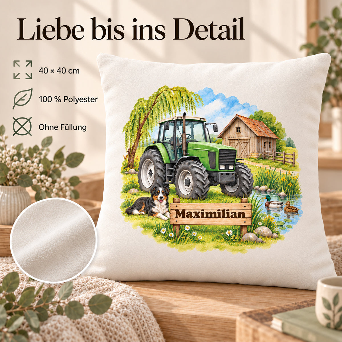Eigenschaften: personalisierter Traktor-Kissenbezug Grüner Traktor am Ententeich, 40 × 40 cm, Beispiel Maximilian