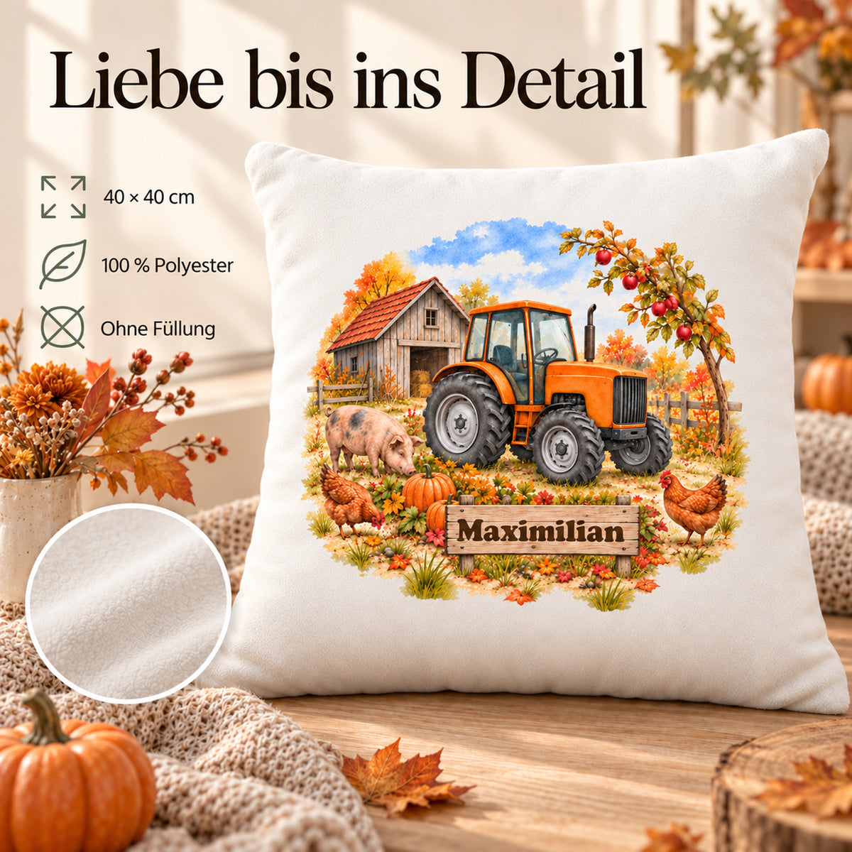 Eigenschaften: personalisierter Traktor-Kissenbezug Oranger Traktor zur Herbsternte, 40 × 40 cm, Beispiel Maximilian