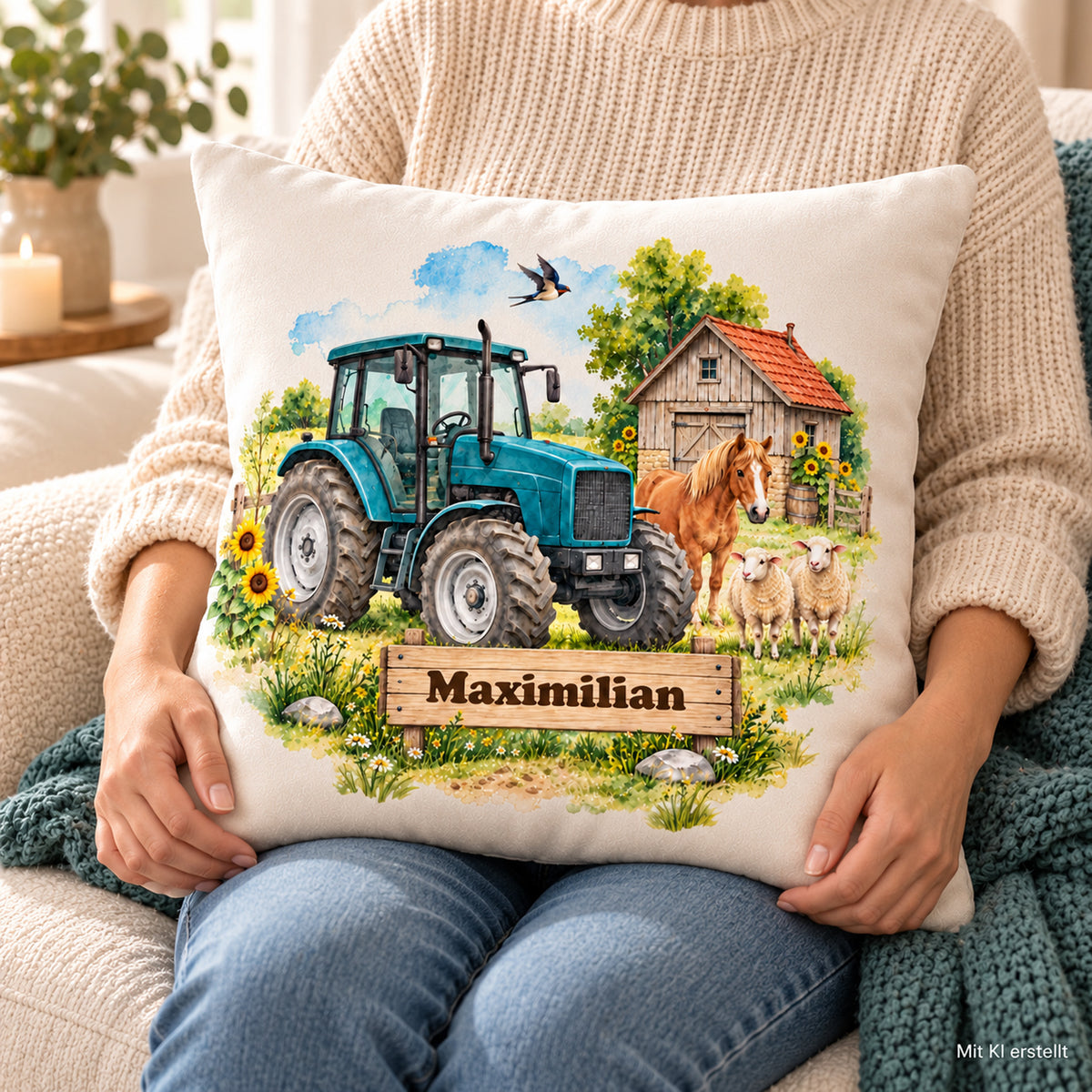Nutzungsszene: personalisierter Traktor-Kissenbezug Türkiser Traktor mit Pony, 40 × 40 cm, Beispiel Maximilian