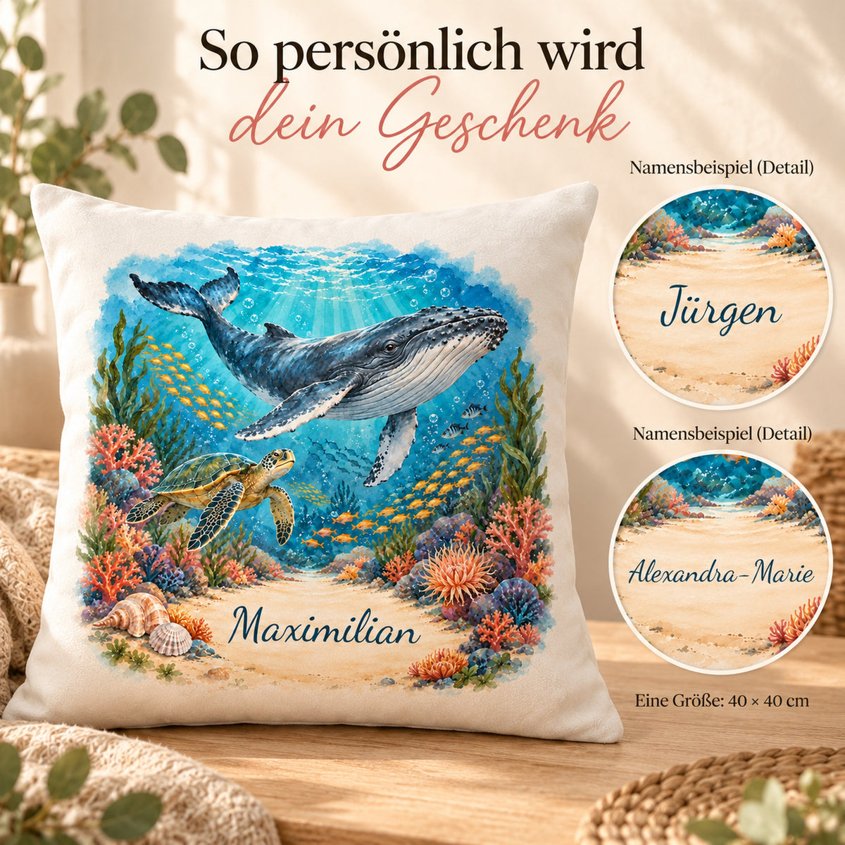 Kissenbezug Wal mit Namen – Korallengarten, Bild 5