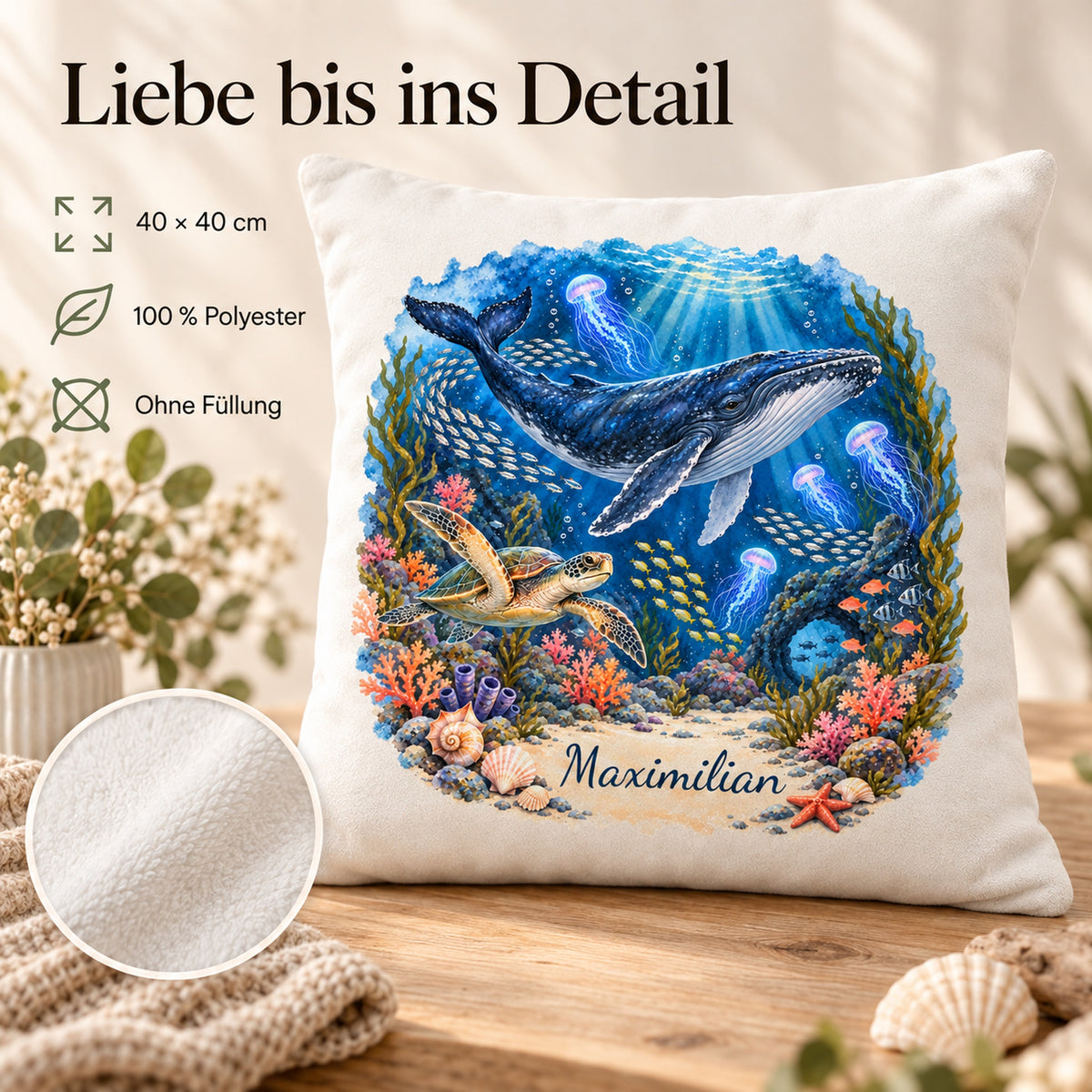 Wal-Kissenbezug mit Stoffdetail und Angaben zu 40 × 40 cm, 100 % Polyester und Lieferung ohne Füllung