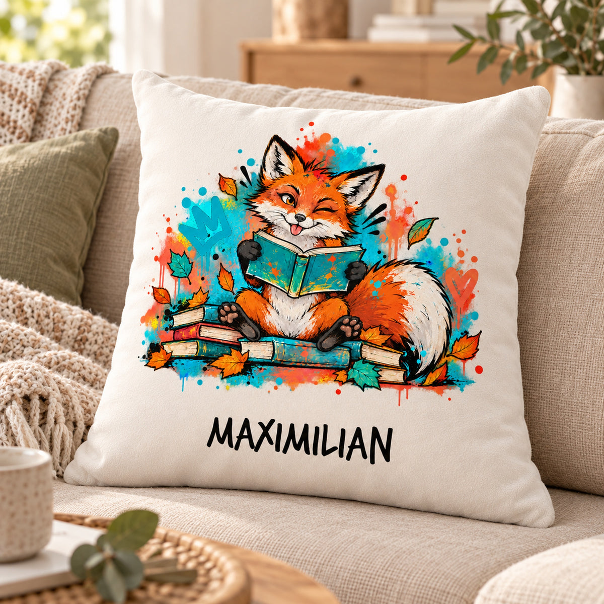 Personalisierter Bücherfuchs-Kissenbezug Augenzwinkern, 40 × 40 cm – Schrägansicht mit Beispielname Maximilian