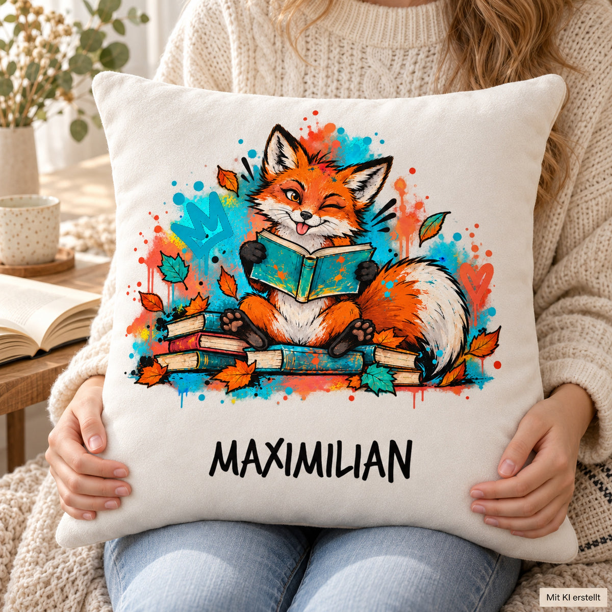 Personalisierter Bücherfuchs-Kissenbezug Augenzwinkern, 40 × 40 cm – Nutzungsszene mit Beispielname Maximilian