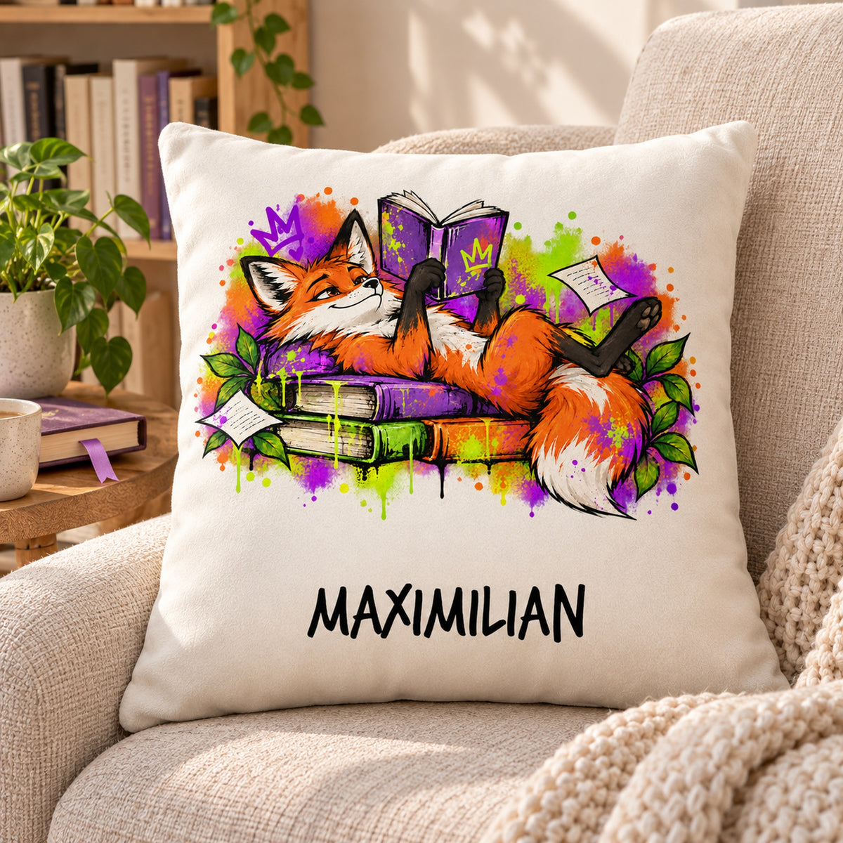 Personalisierter Bücherfuchs-Kissenbezug Lesepause, 40 × 40 cm – Leseecke mit Beispielname Maximilian