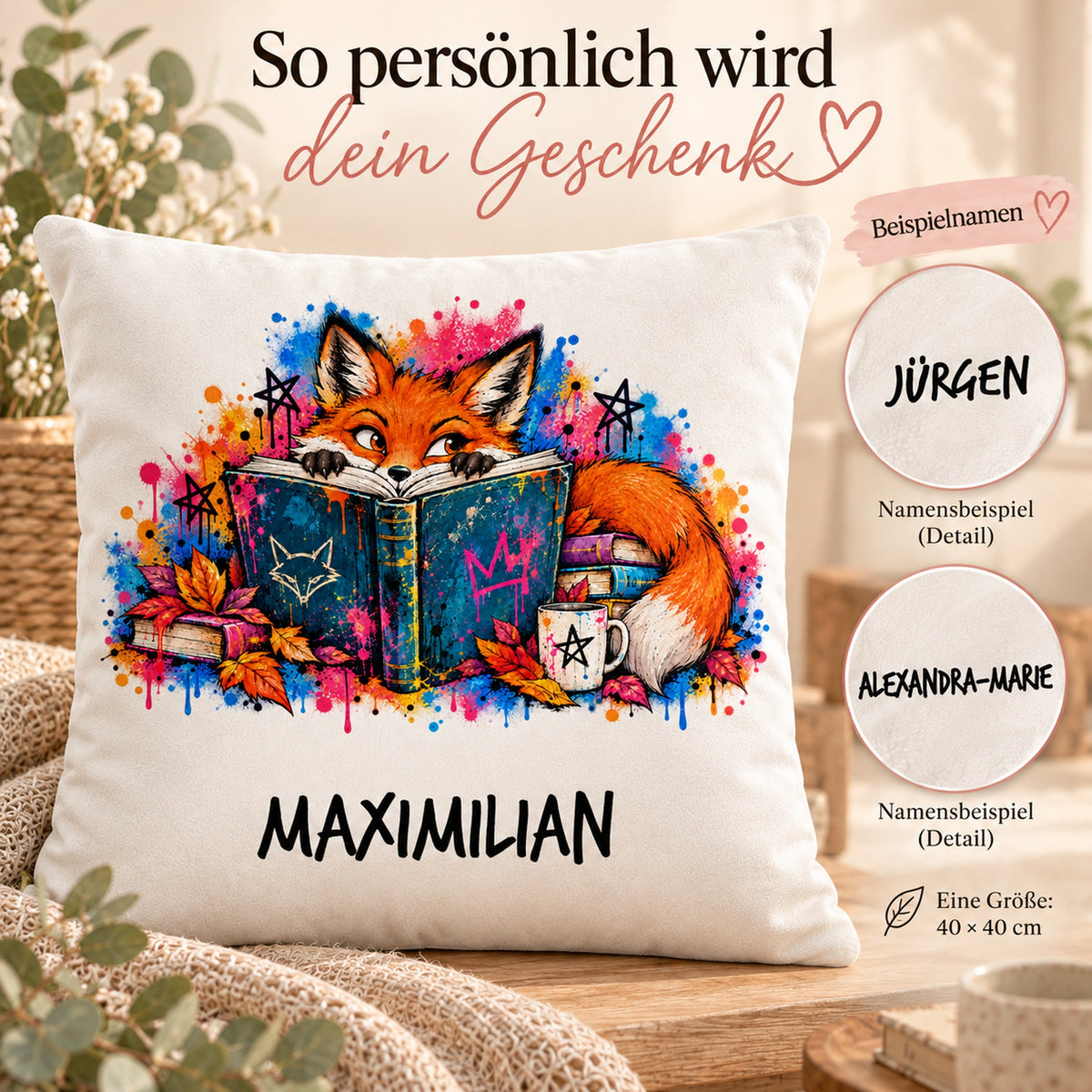 Personalisierter Bücherfuchs-Kissenbezug Neugieriger Blick, 40 × 40 cm – Personalisierung mit gekennzeichneten Namensbeispielen